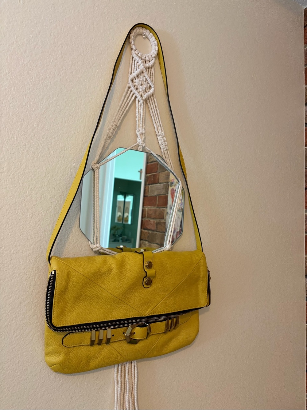 orYANY Yellow Leather Shoulder Bag with Black Trim